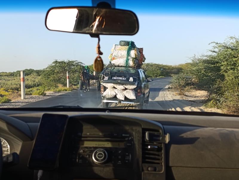 Car with an open trunk, packed with sacks