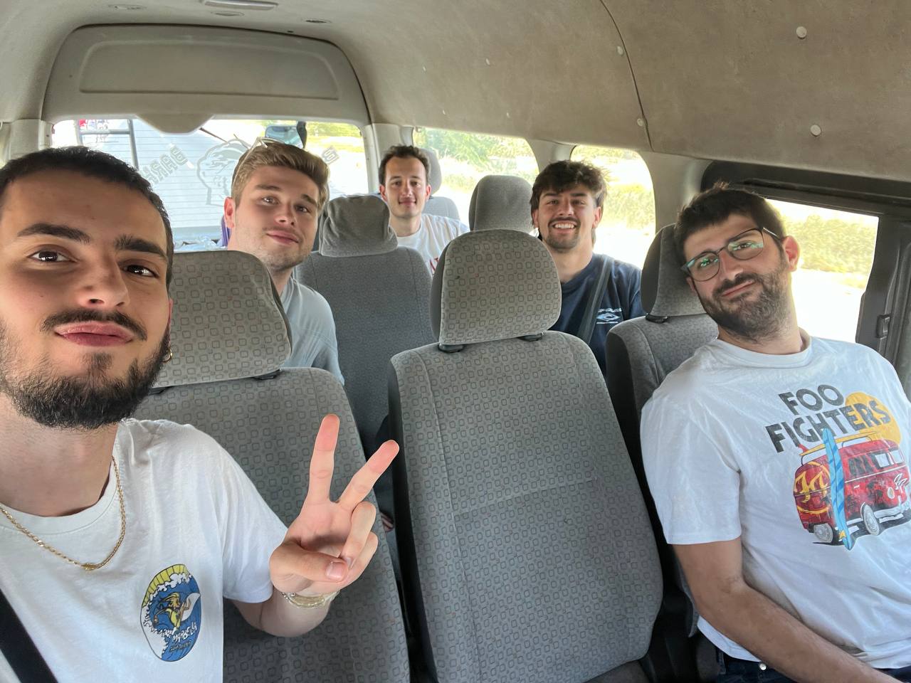 The whole team in the taxi